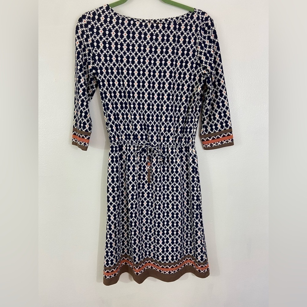 J. McLaughlin Catalina Cloth Dress Tie Waist Boat Neck Geometric Pattern Medium